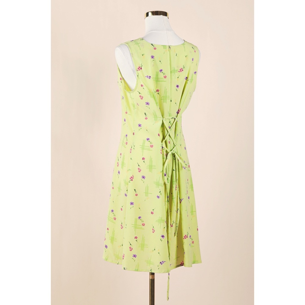 Sz 12 Christopher & Banks Spring Green Sleeveless Floral Self Tie Midi Dress EUC - Picture 3 of 4